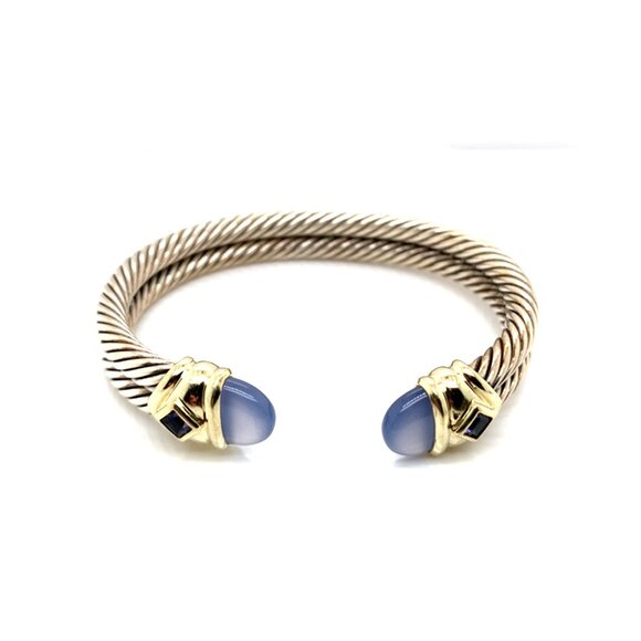 David Yurman Sterling Silver and 14K Chalcedony Tanzanite Double Cuff Bracelet - Picture 1 of 5